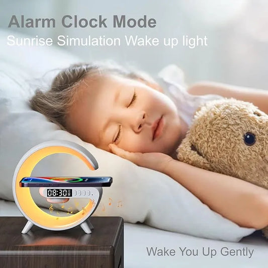G63 LED Table Lamp with Wireless Charger, Bluetooth Speaker, Sunrise Alarm Clock, and Ambient Lighting