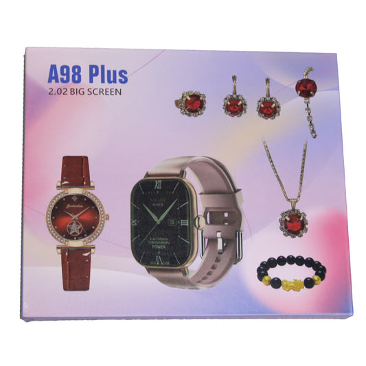 Stylish Pink Smart Watch for Girls – A98 Plus with Jewelry Gift Set (Necklace, Earrings, Bracelet, Ring)