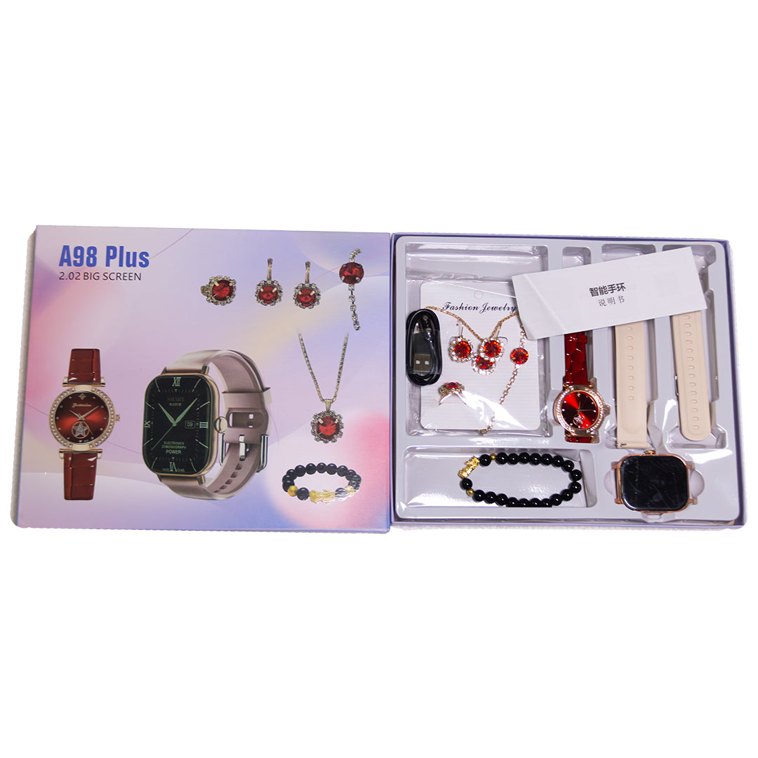 Stylish Pink Smart Watch for Girls – A98 Plus with Jewelry Gift Set (Necklace, Earrings, Bracelet, Ring)