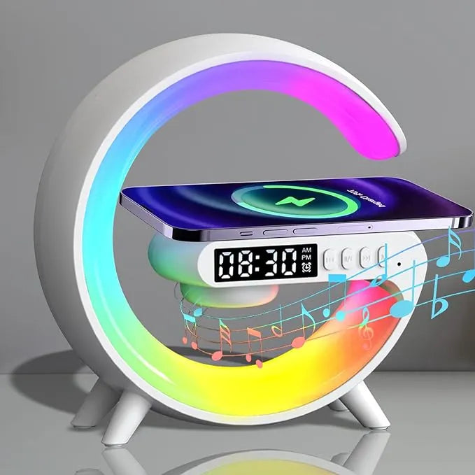G63 LED Table Lamp with Wireless Charger, Bluetooth Speaker, Sunrise Alarm Clock, and Ambient Lighting