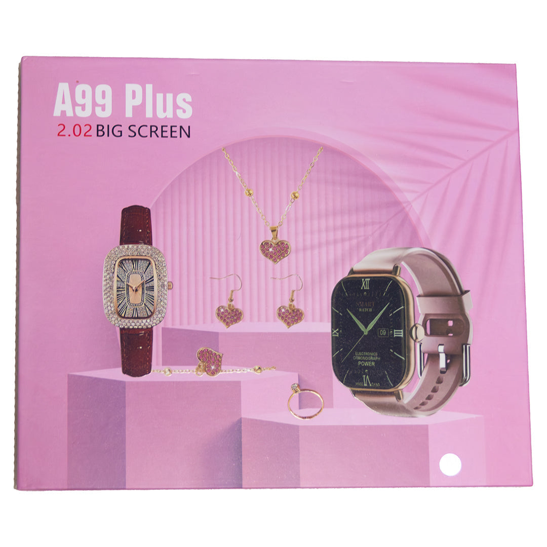 Smartwatch and jewelry combo gift set showing A99 Plus watch with matching heart necklace, earrings, bracelet and ring