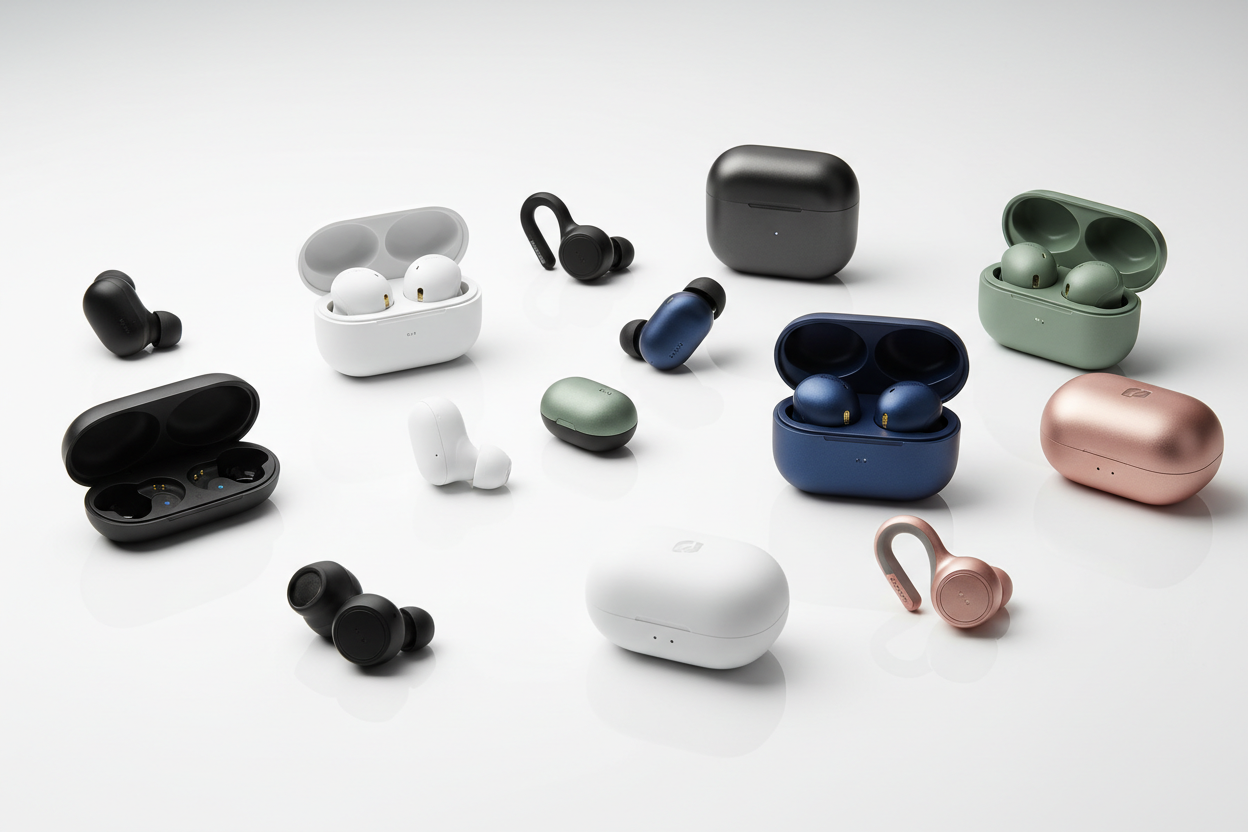 Wireless earbuds collection showing different Bluetooth earphones with charging cases