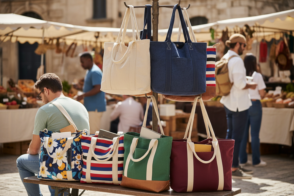Assorted canvas tote bags in different colors and prints for everyday use