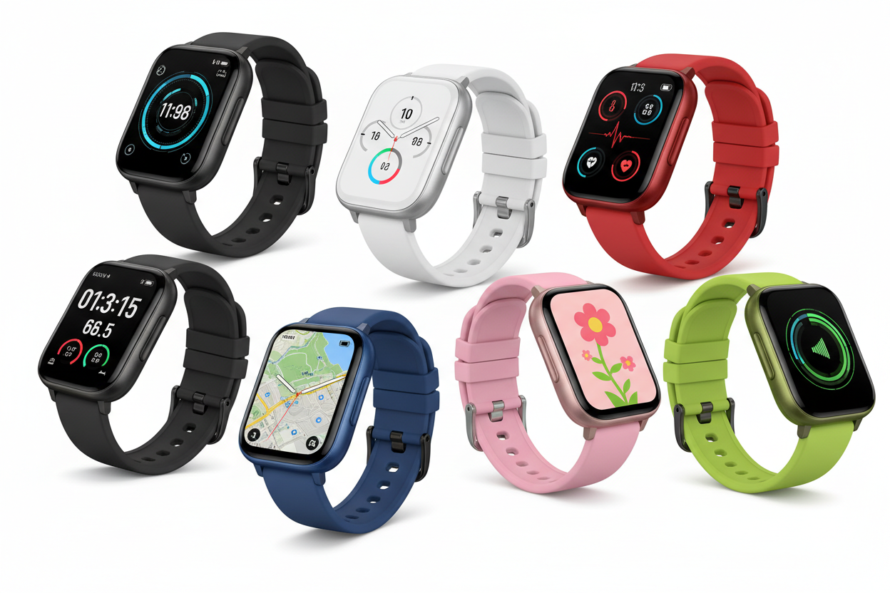 Collection of smartwatches with different colors and styles showing large touch displays and silicone straps