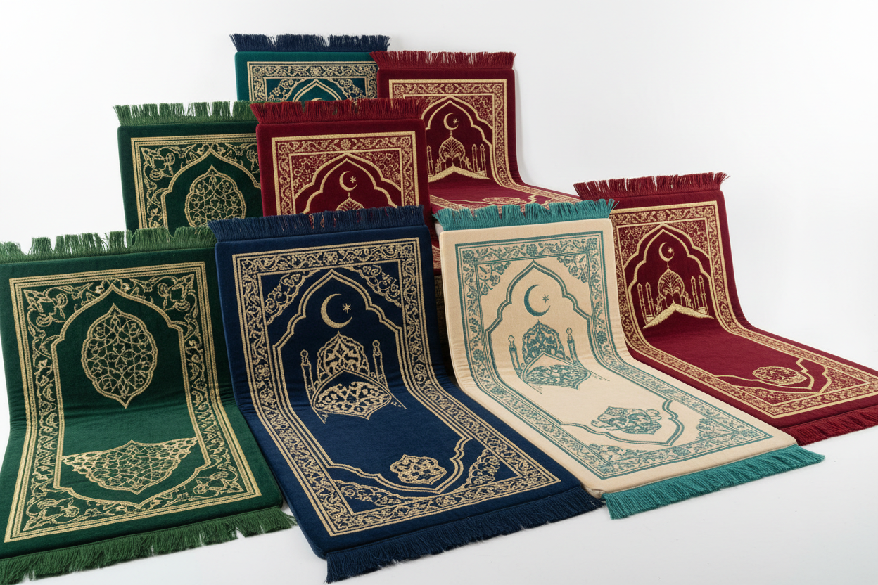Collection of soft foam and quilted prayer mats in different colors and Islamic designs for Salah
