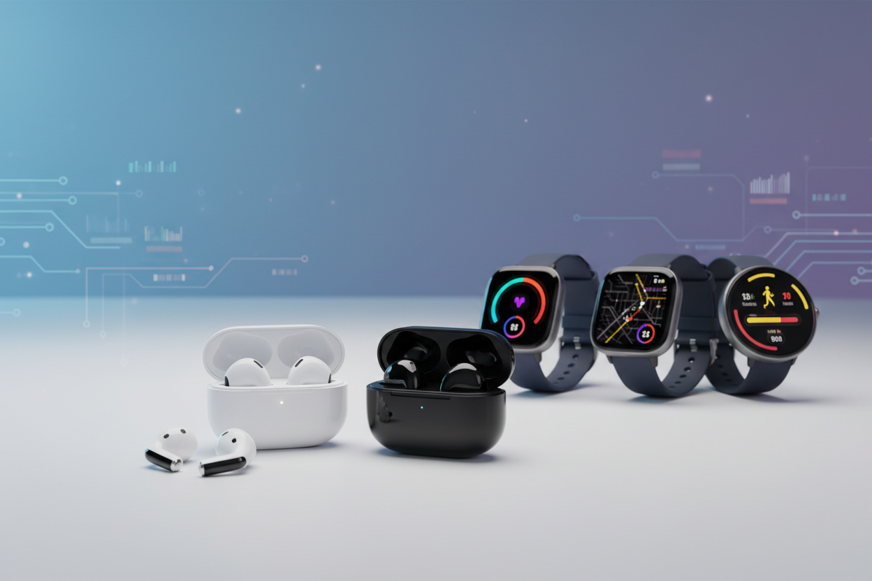 Electronic accessories collection featuring wireless earbuds and smartwatches