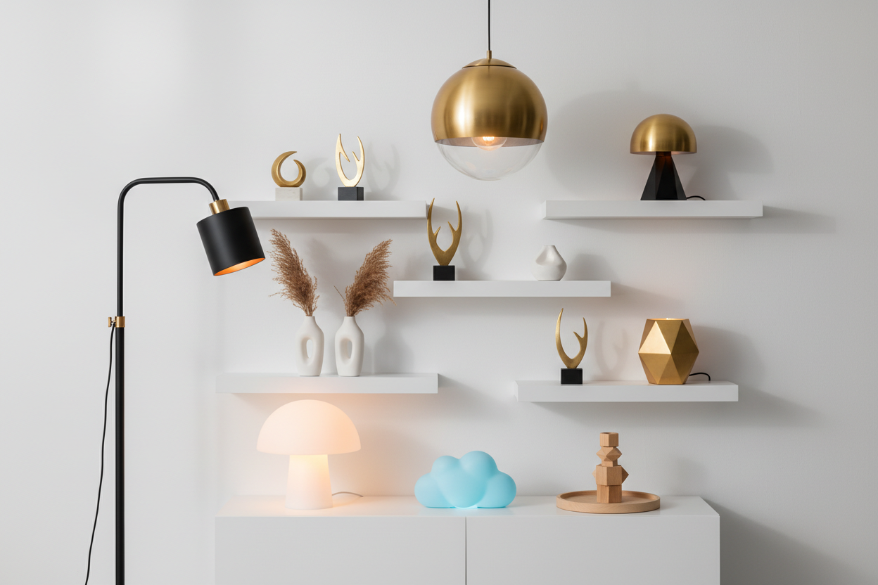 Home decorations collection with modern LED lamps, night lights and stylish room decor accessories