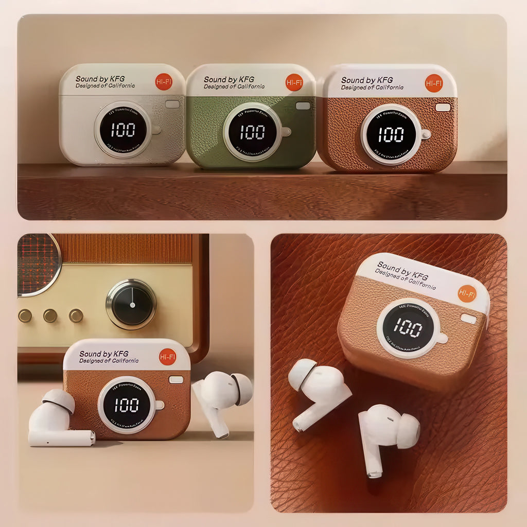 X73 Retro Camera Leather Grain Design Wireless Earbuds Semi-In-Ear Earphones With Screen Digital Display and Gaming Low Latency