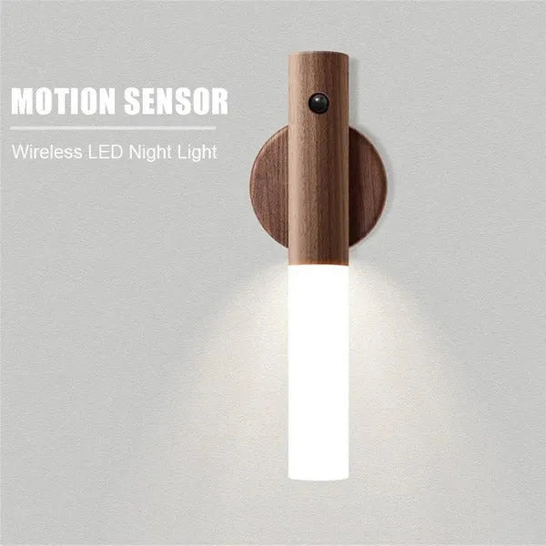 Wood-finish motion sensor wireless LED night light on wall