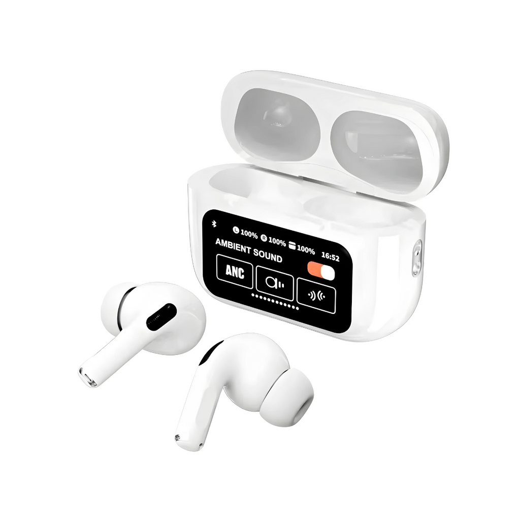 A9 Pro white wireless earbuds with LED display charging case and ANC controls