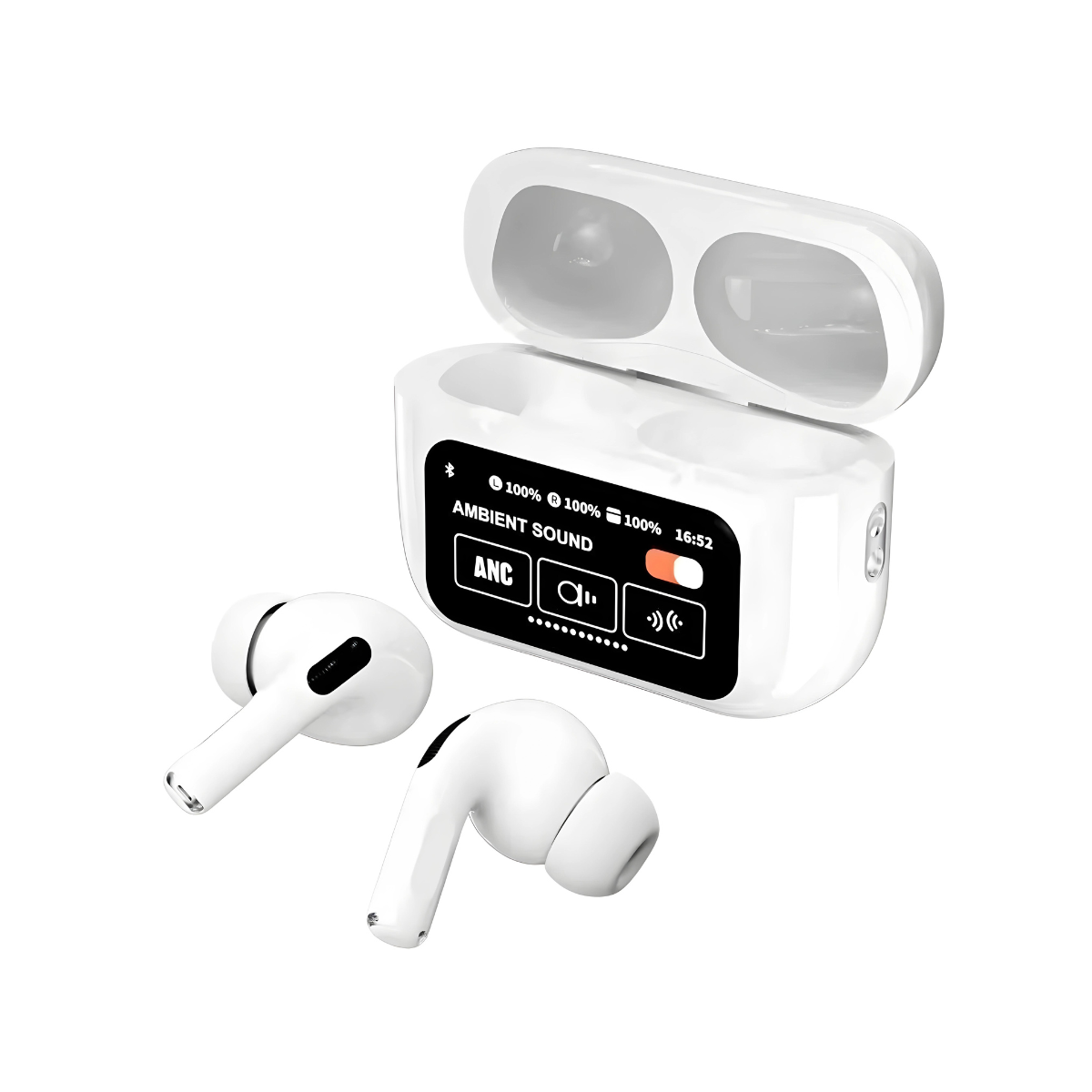 A9 Pro white wireless earbuds with LED display charging case and ANC controls