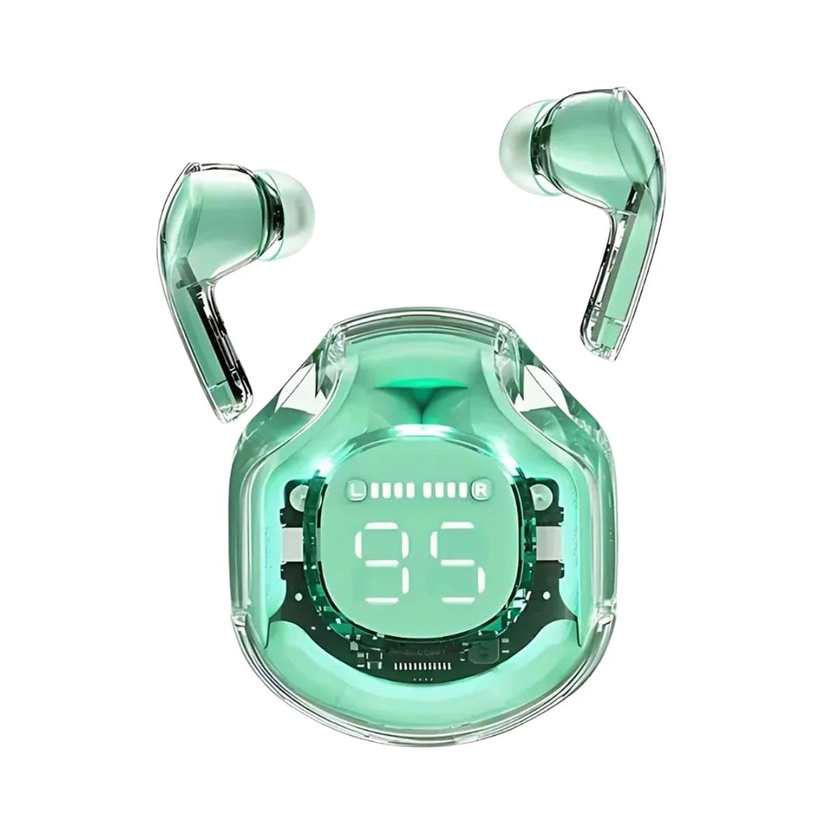 Air 39 green transparent wireless earbuds with digital LED display charging case