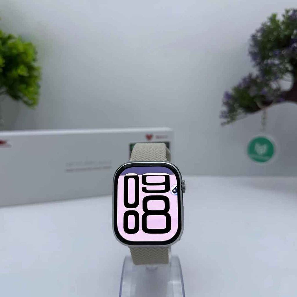 Smartwatch with a digital display on a white surface with a blurred background