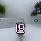 Smartwatch with a digital display on a white surface with a blurred background