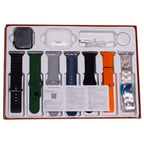 V99 Max Series 10 smart watch 7+2 combo box with earbuds accessories including bands and charging cable in a box on a white background