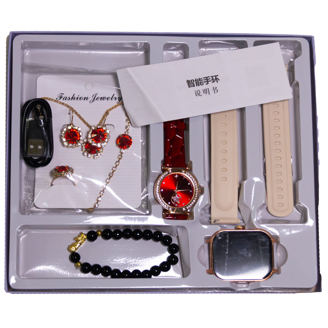 Stylish Pink Smart Watch for Girls – A98 Plus with Jewelry Gift Set (Necklace, Earrings, Bracelet, Ring)