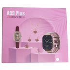 A99 Plus smartwatch and heart jewelry gift set in pink box