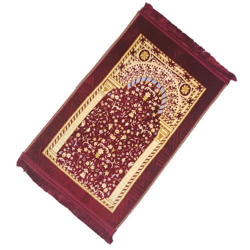 Maroon floral Islamic prayer mat 70x110cm with arch design
