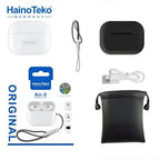 Haino Teko Air-5 original wireless earbuds with case, strap, cable and pouch.