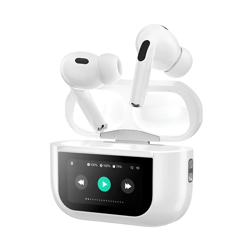 V20 Pro white true wireless earbuds with open LED display charging case